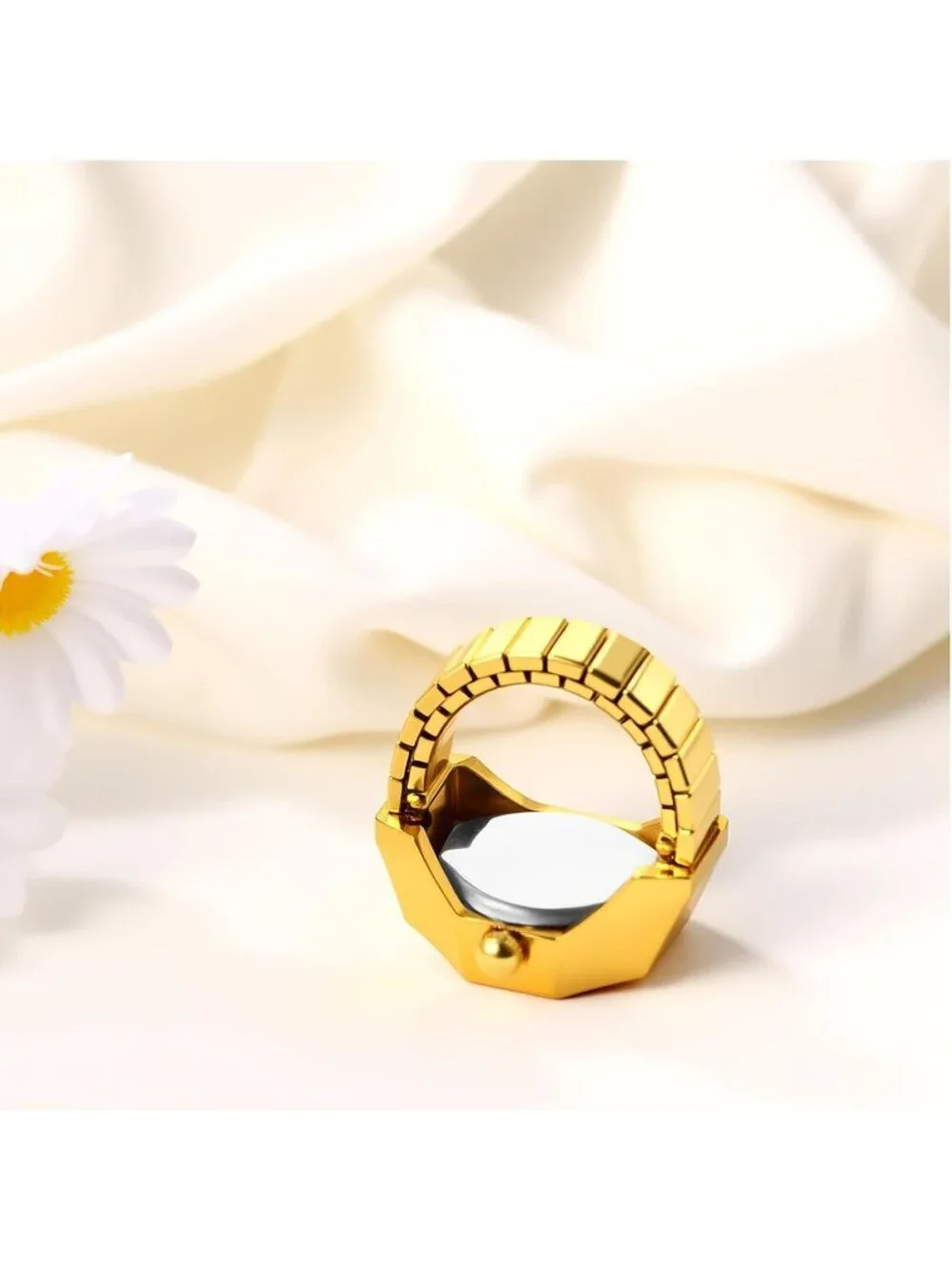 Unisex Gold Analog Quartz Stretchy Elastic Band Octagon Dial Finger Ring Watch
